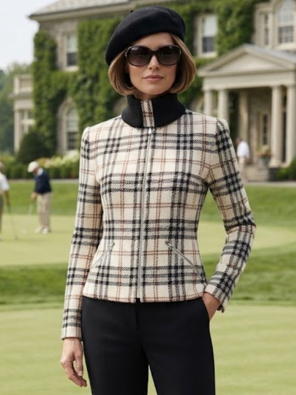 Trousers Etc  Wool Plaid Jacket with Black Knit Funnel Collar an Zipper Pockets